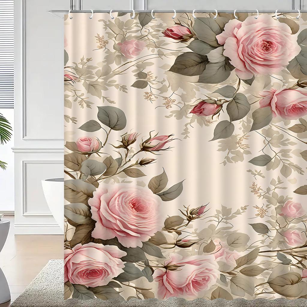 1pc pink romantic floral shower curtain, high-end elegant bathroom curtain, bathroom decoration pattern