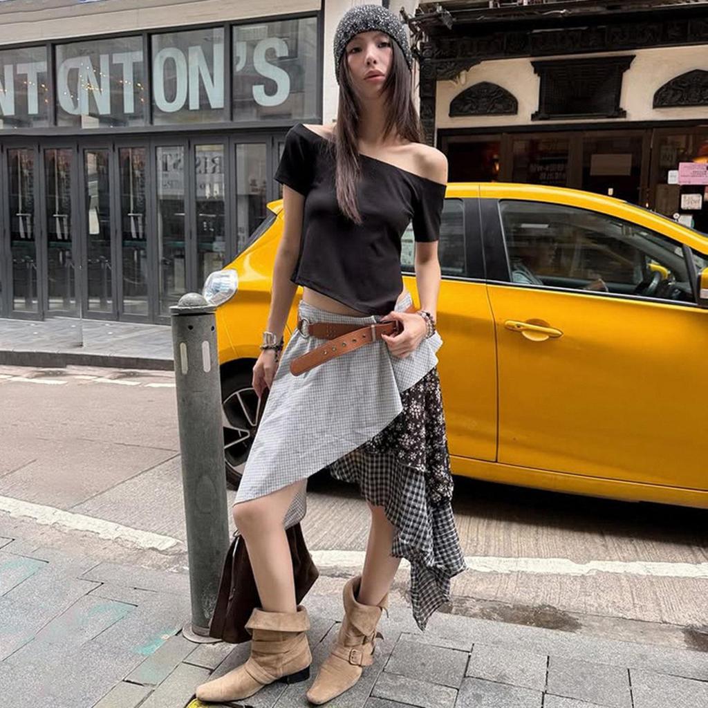 Y2K Style Plaid & Floral Low-Waist Ruffled Skirt