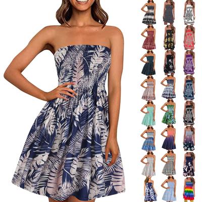 Damen-Sommerkleid, sexy, trägerlos, ärmellos, mit Blumenmuster, lässig, Bohemian-Druck, gerüscht, Strandkleid