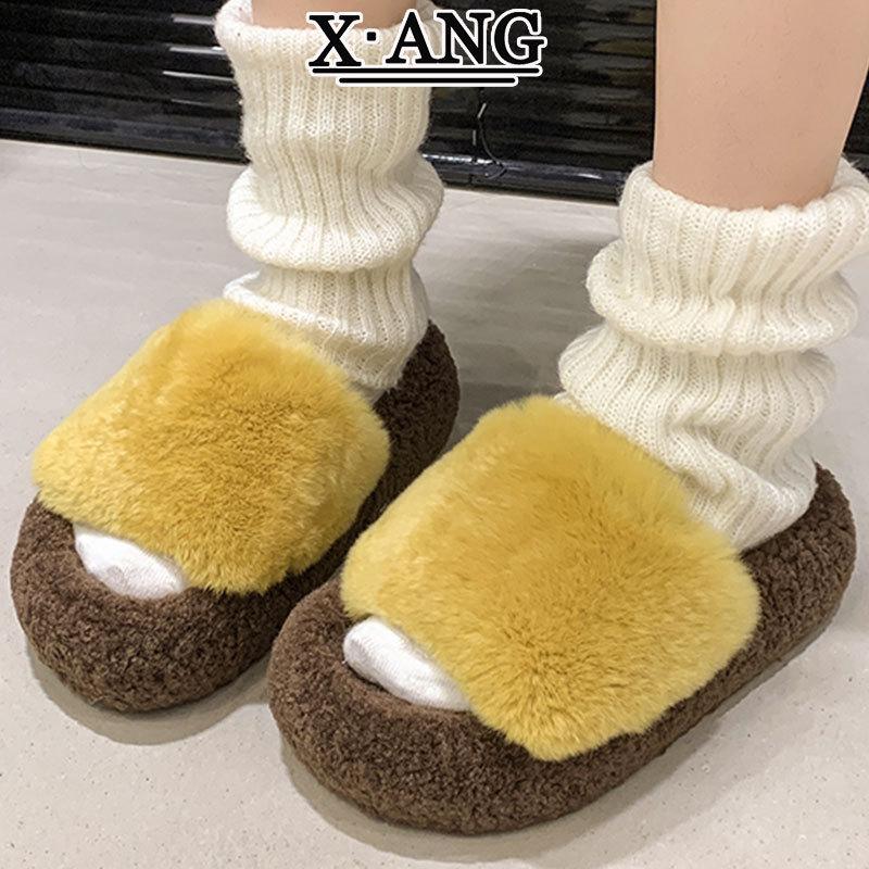 Wunderschöne flauschige Hausschuhe aus echtem Kaninchenfell für Damen zum Tragen im Herbst und Winter, neue flauschige Baumwoll-Schlappen mit dicker Sohle