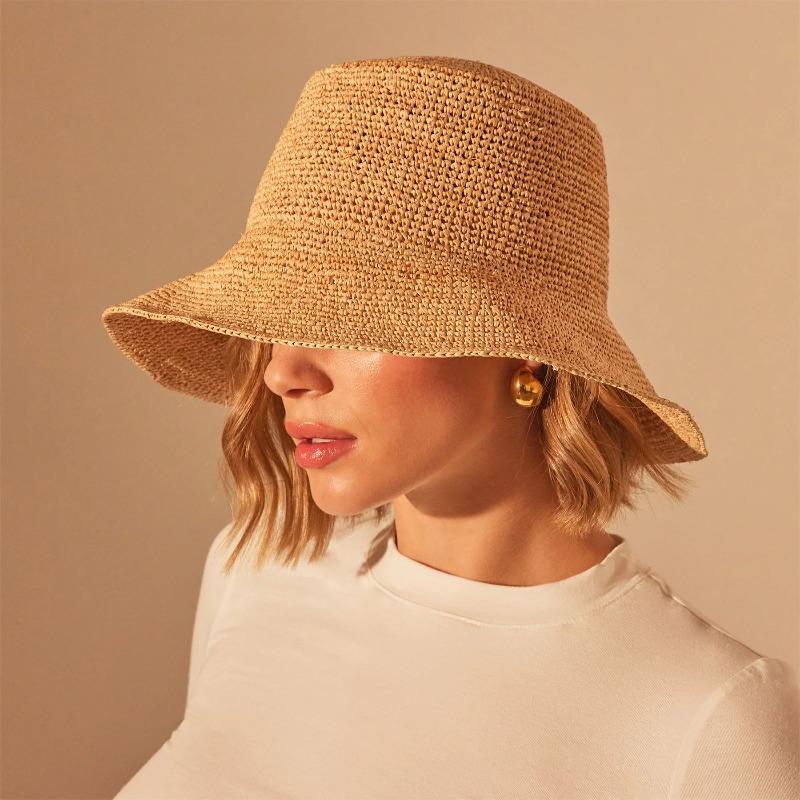 Garden Supplies My Women's Summer Natural Raffia Sun Hats For Handmade Woven Sunscreen Bucket Hat Wide Brim Fisherman Caps Foldable Seaside Beach Hat 55-58Cm