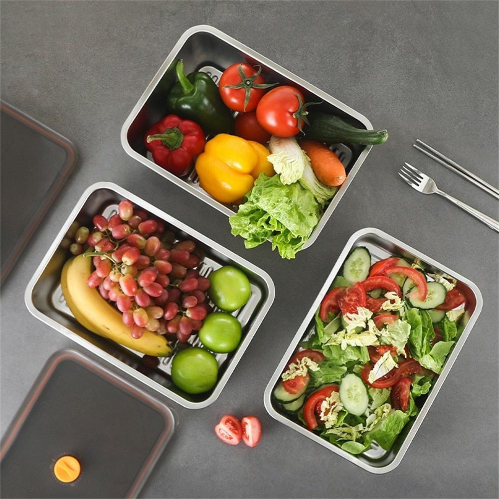 Stainless Steel Food Storage Container with Lid for Refrigerator Meat Organizer Large Capacity Food Box with Sealed Plastic Lid