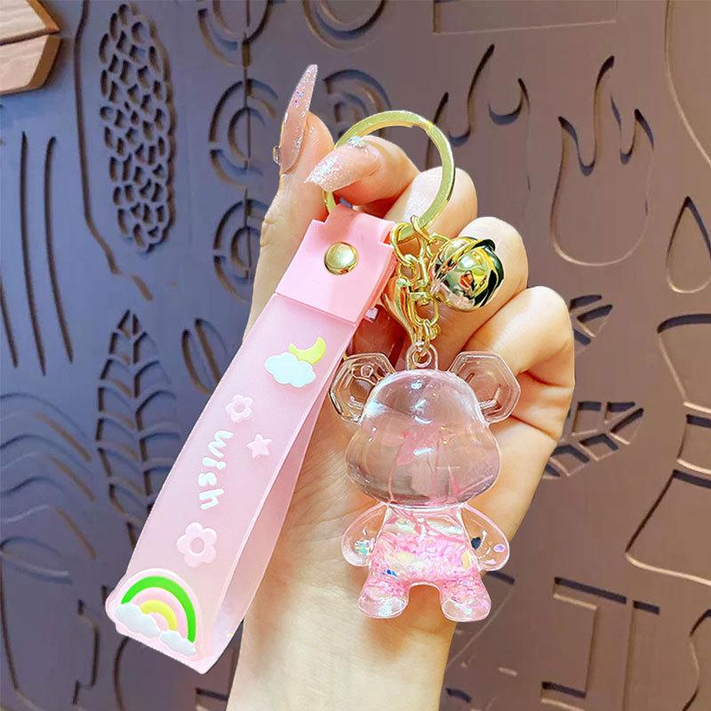 Cartoon Acrylic Oil Quicksand Cherry Blossom Bear Keychain Schoolbag Pendant Couple Car Key Chain Pendant Gift