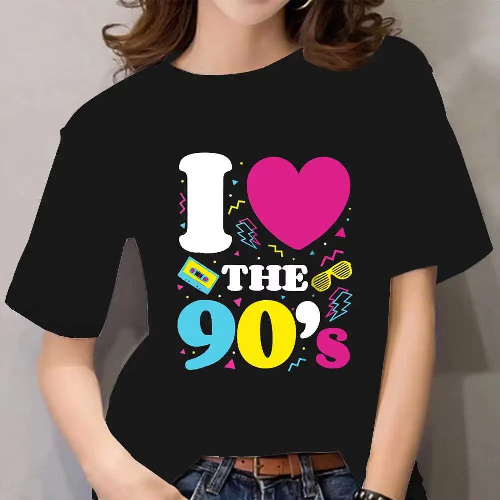 Retro Love 80s  T-shirt for Women's Summer Fashion O-neck Short Sleeved Oversized Top Casual T-shirt Loose Streetwear Harajaku