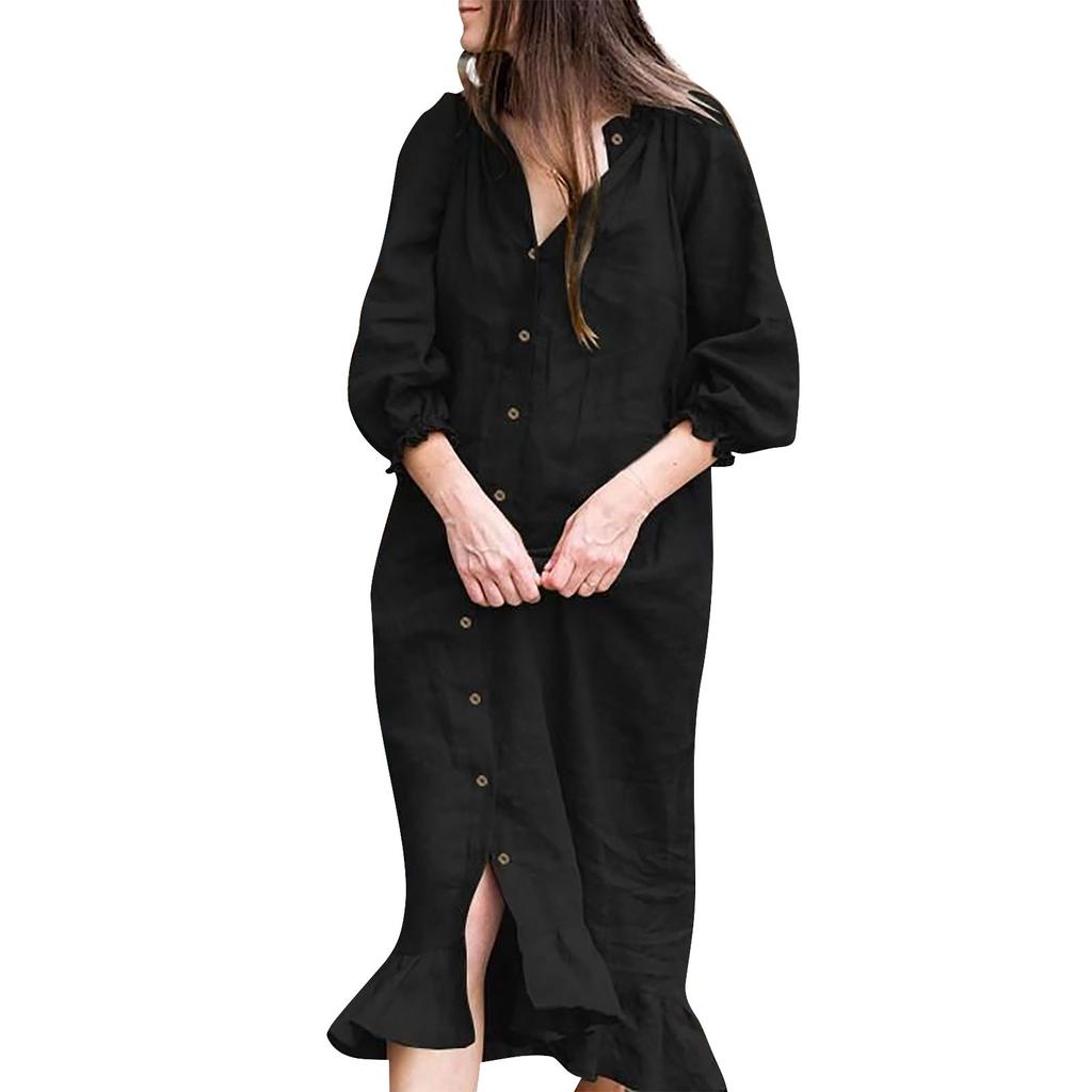 Dame ensfarget falbala volangkrave knapp lang skjortekjole