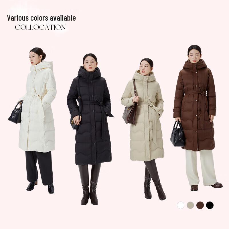 Ailaiyi Women's Elegant Long Goose Down Hooded Jacket with Belt