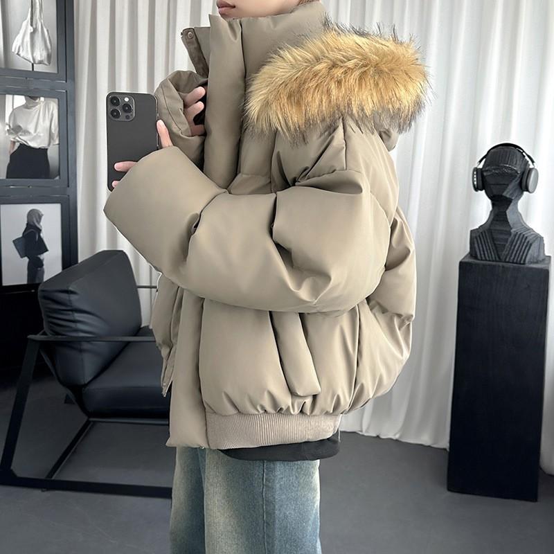 Short Puffer Parka With Faux Fur Trim Unisex Winter Thick Hooded Cotton Coat Solid Color Casual Warm Outerwear