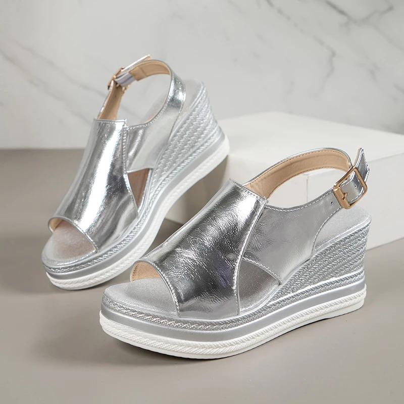 

Модные летние босоножки на танкетке для женщин 2024 года, золотисто-серебристые, на высоком каблуке, сандалии на платформе, женские, с толстой подошвой, римские сандалии De Mujer 43 серебряный
