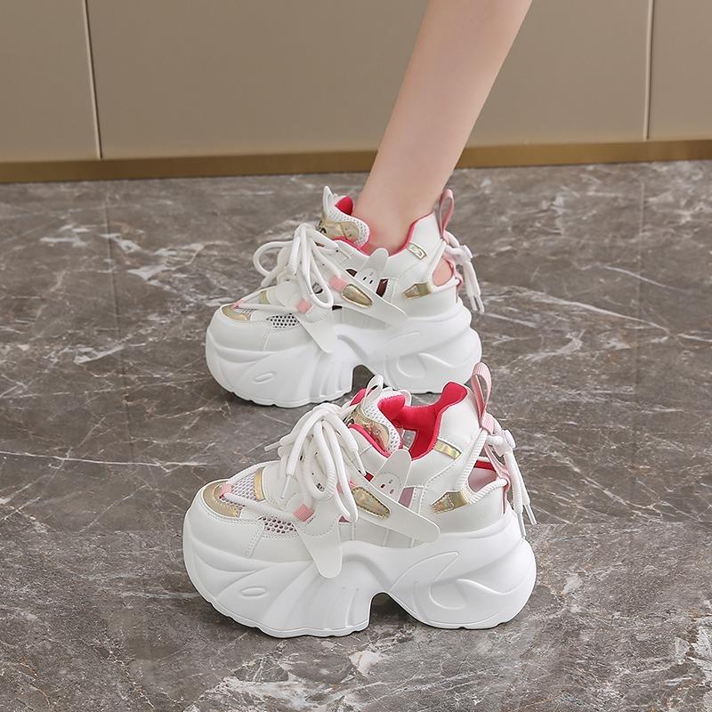 Fashion New Spring Mesh Sneakers Women Bling Platform Sports Shoes Woman Goth Thick Bottom High Heels Female 8CM Summer Hollow Sneakers