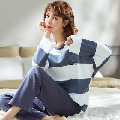 Damen Nachtwäsche Koreanische Version Rundhalsausschnitt Oberteil Lange Hose Homewear Zweiteiliges Set Gestreift Plaid Damen Nachtwäsche Loungewear