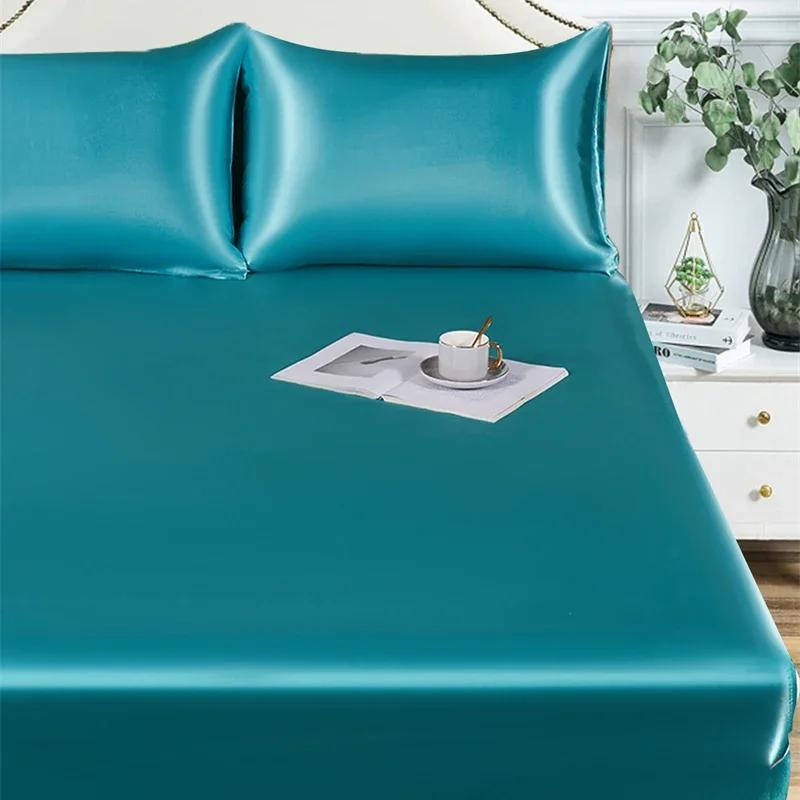 High-end Satin Queen Fitted Sheet Silky King Size Bed Sheet with Elastic Band Bedsheet Mattress Protector Cover No Pillowcase