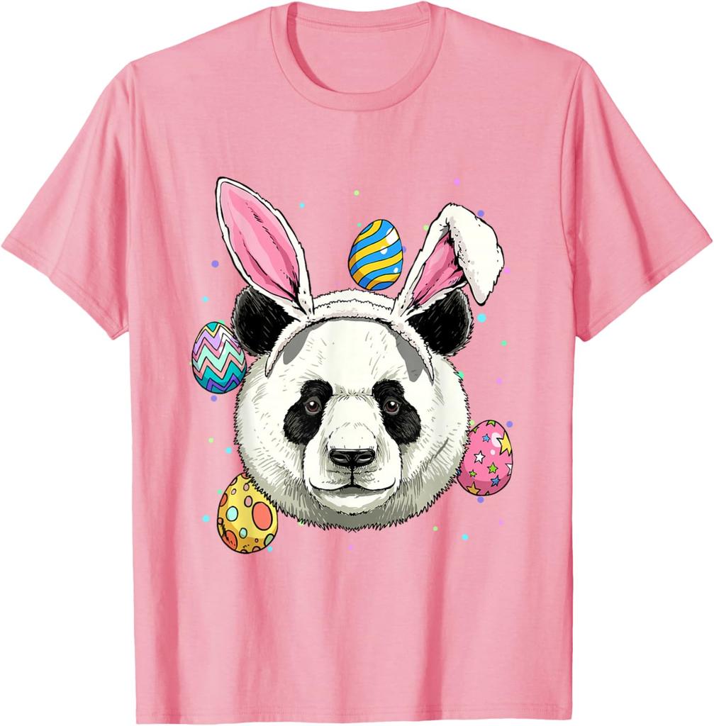 Panda Easter Bunny Ears Eggs Graphic Print Cotton Round Neck T-Shirt Casual Trip Tee