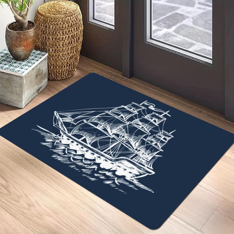 Navy Blue Anchor & Sailboat Print Carpet Mat Rug for Living Room Bedroom Indoor Home Decoration Modern Nautical Design Floor Mat