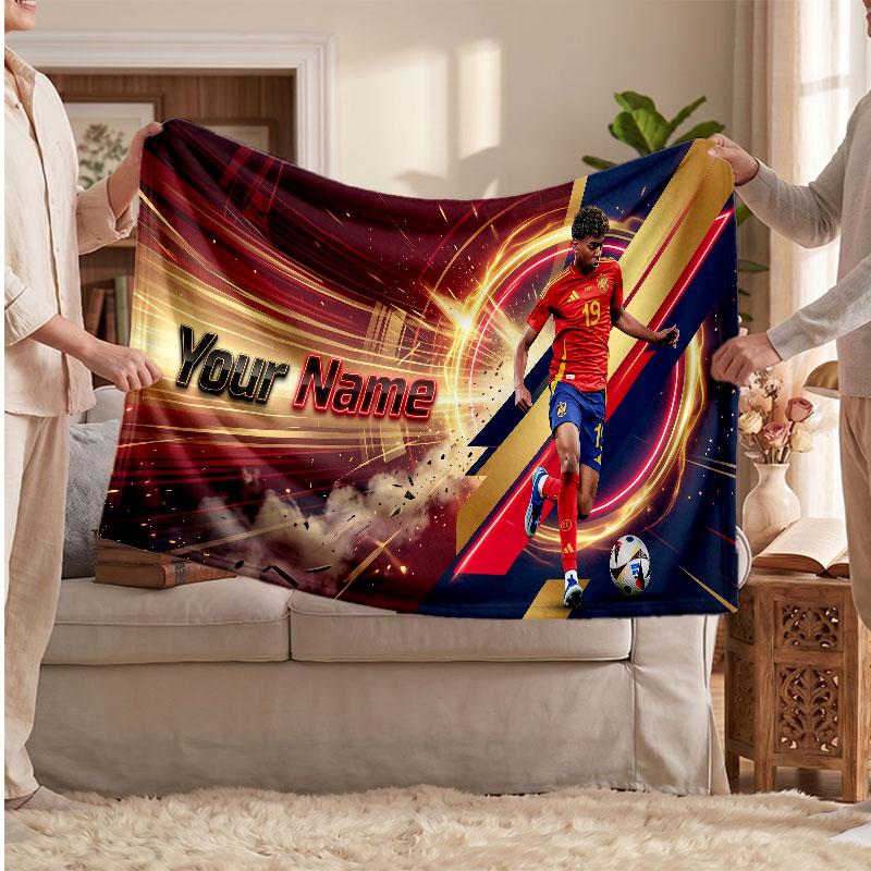 Coperta in pile personalizzata Lamine Yamal con logo del calcio, testo con nome personalizzato, morbida, calda, coperta da divano per la casa