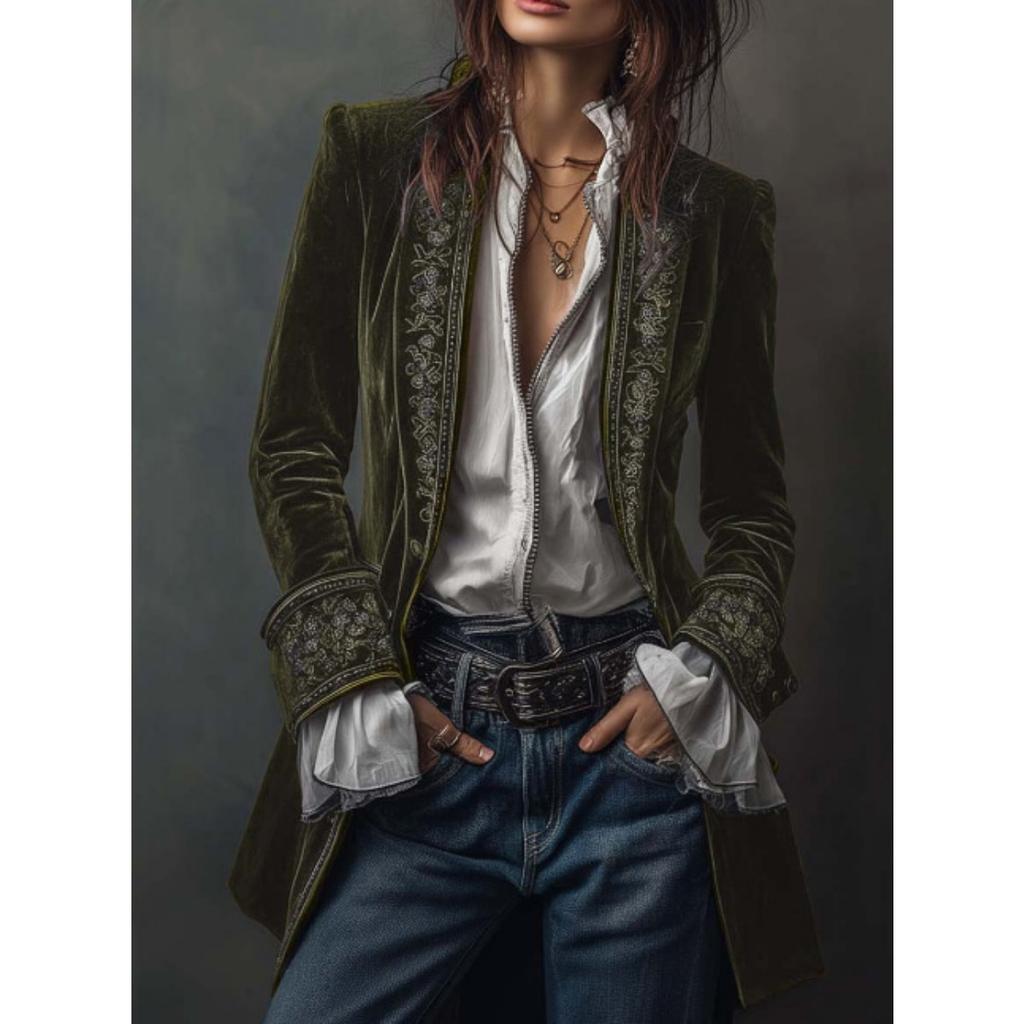 Women's European American Style Solid Color Patchwork Lace Velvet Long Sleeve Coat