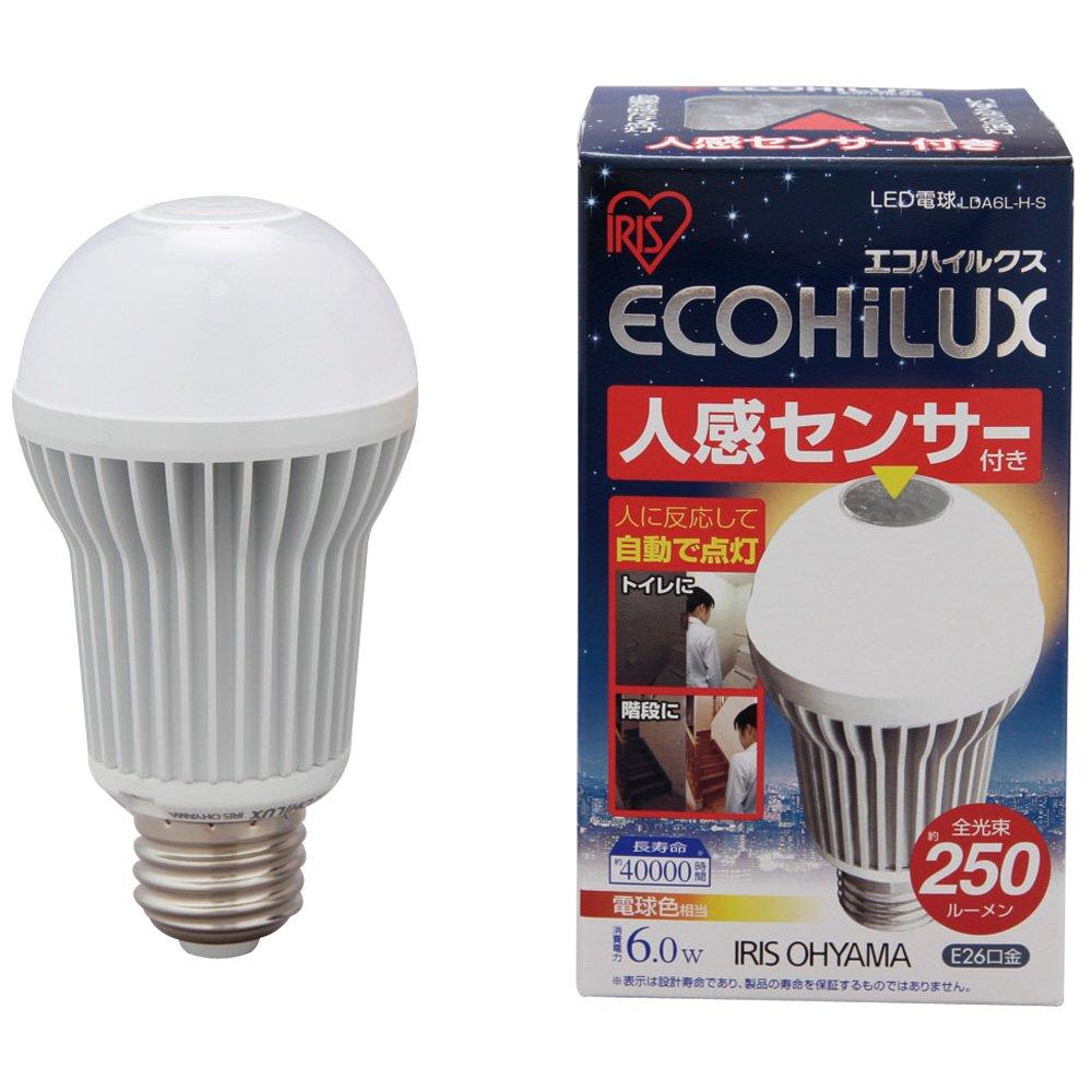Iris Ohyama Eco Hilux LDA6LHS LED Bulb, 26mm Base Diameter, 20W Equivalent, Warm White, Downward Facing, Motion Sensor