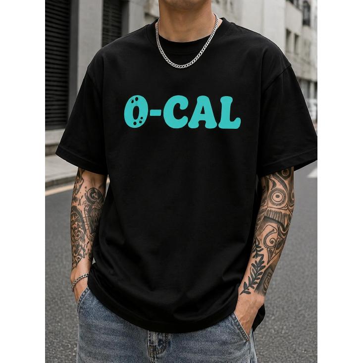 Men s Black Short Sleeve T-Shirt With Teal O-CAL Letter Print, Round Neck Streetwear Top For Casual Summer Daily Wear S чёрный
