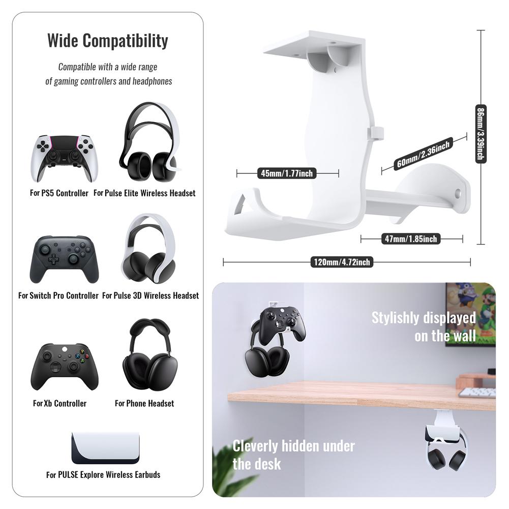 Under Desk/Wall Mount Universal Game Controller Mount Holder Hanger with Headset Stand Wall Rack Wall Mount Wall Hanger For