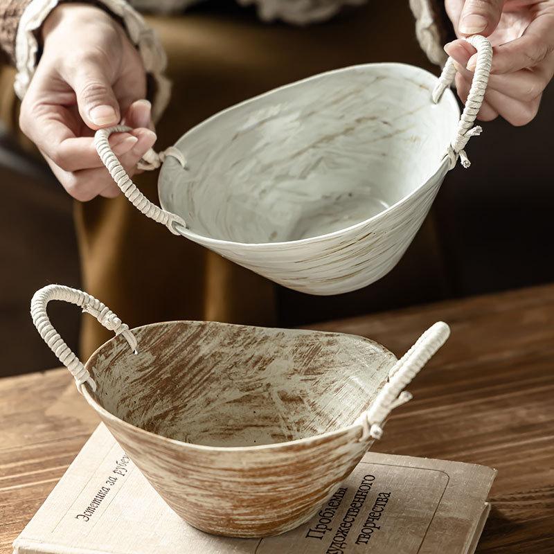 Old-Fashioned Ceramic Binaural Bowl, Retro Braided Rope, Hand-Held Bowl, Tableware Bowl, Restaurant, Japanese Salad Bowl, Household Bowl.