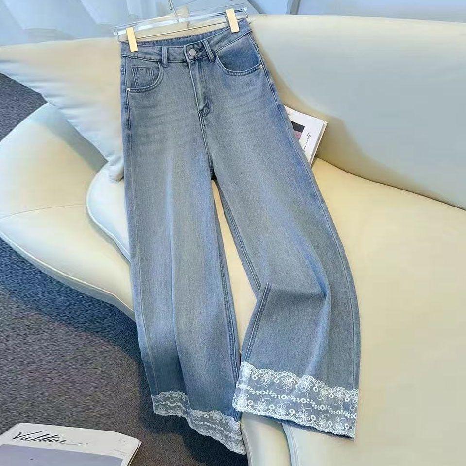 Women's Blue Lace Trim Petite Jeans - Loose Fit Straight Leg - 2026 Spring/Summer Collection
