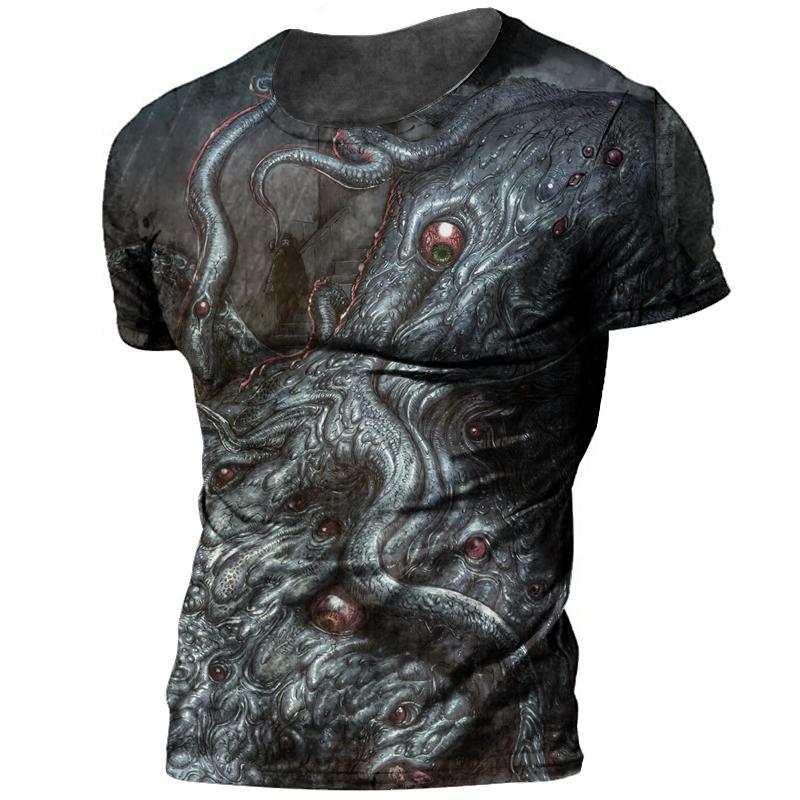 Şık erkek tişört Cthulhu Efsane 3D Baskı Terör Canavar Büyük Boy O-Boyun Üst Yaz Moda Rahat Günlük Nefes Alabilen Kumaş