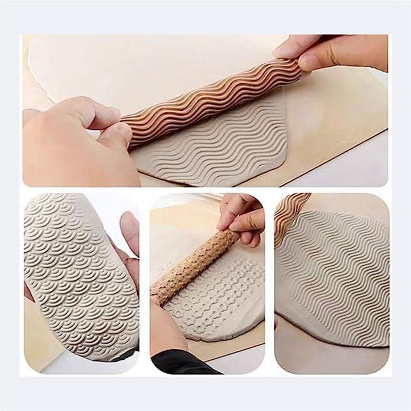 A84X-6 PCS Clay Rolling Pin Textured Hand Roller Wooden Handle Pottery Tools Set Durable Easy To Use