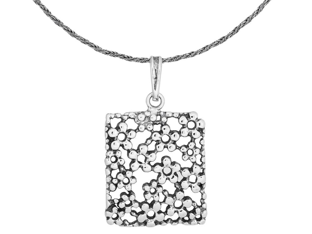 Short Silver Oxidized Openwork Women's Necklace Flowers Flower Choker 32Cm