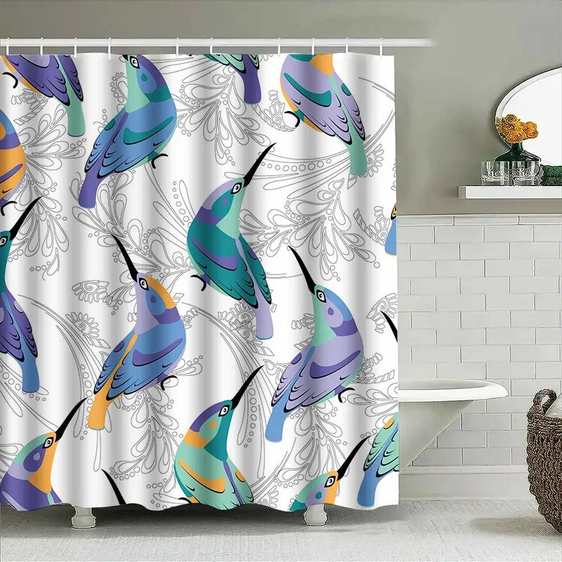 Colorful Birds Shower Curtain Modern Hummingbird Print for Bathroom Decor Washable Fabric Easy Installation Rings Included