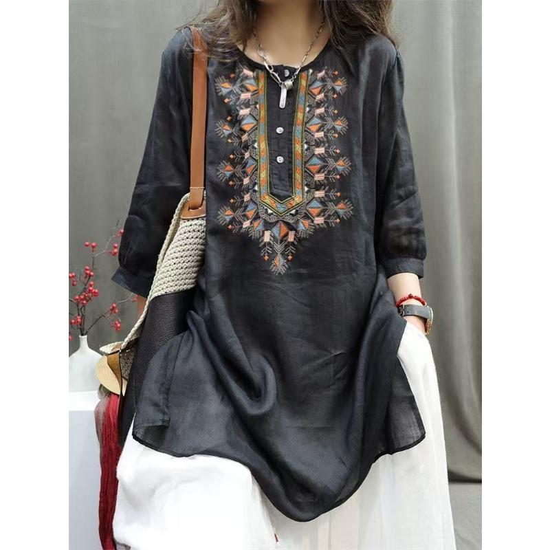 Sommer Robuste Retro Bestickte Hemdbluse Mittellang Locker Baumwolle und Leinen Stil Hemdbluse Lässiger Literarischer Pullover Top