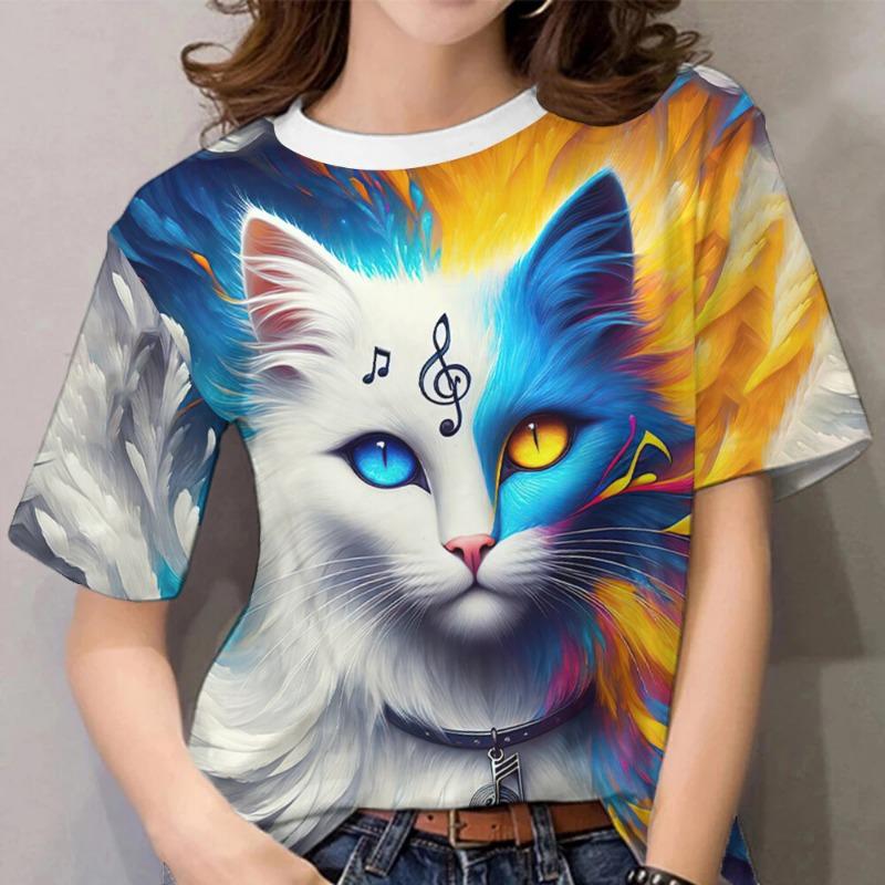 For Women 3d Cat Pattern Shirt, Daily Classic Short Sleeved Round Neck Women's Clothing Fashion T-shirt