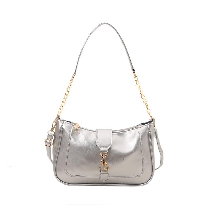 Solid Metal Color Buckle Small Ladies Shoulder Bag Zipper Closure Street Pocket