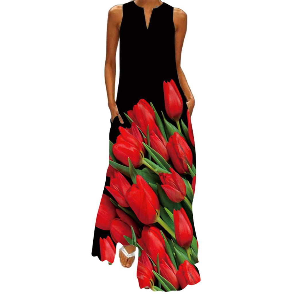 Yousheng Lady Maxi Dress with Pockets Flower Printing A-line V Neck Sleeveless Loose Full Length Dress for Vavation Beach Parties