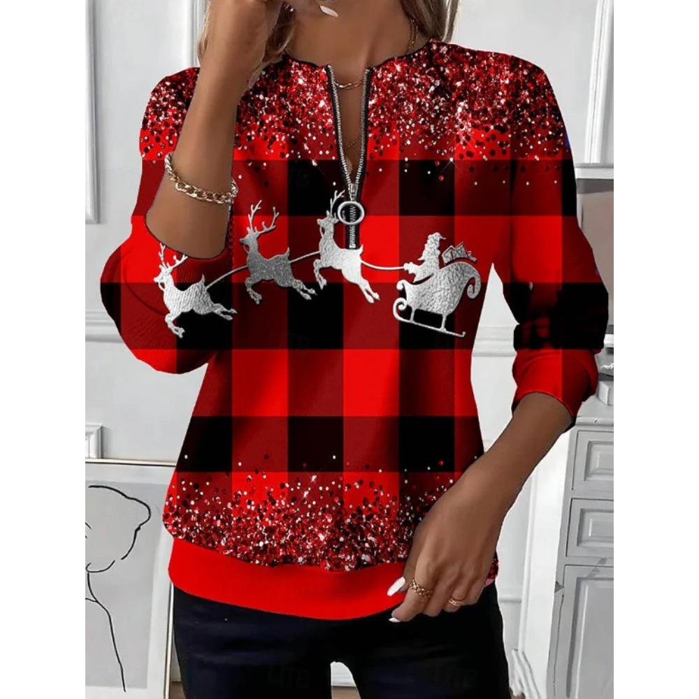 Women's Quarter Zipper Sweater Pullover Plaid Xmas Casual Active Sportswear Half Long Sleeve Top Micro-elastic Fall & Winter Comfrt Breathable