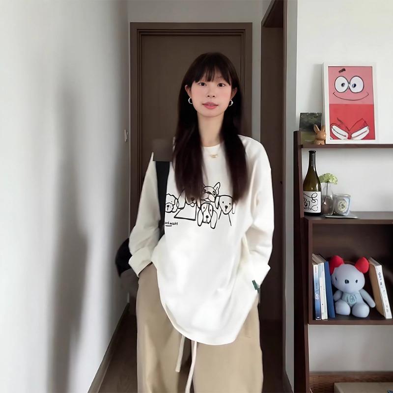 Spring Autumn Loose Casual Printing Cotton T-shirt Women Long Sleeve Simple Fashion All-match Pullover Tee Top