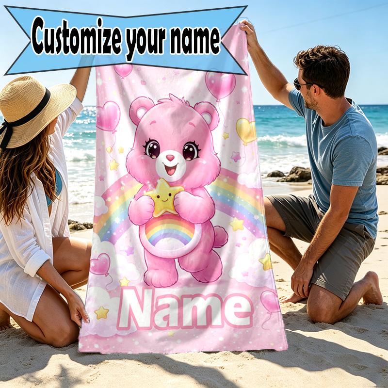 Custom Name Personalized Care Bears Print Beach Towel, for Trip Camping Beach Party Home Decor, Birthday Gift for Family & Friends