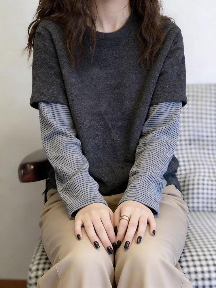 Women's Brushed Stripe Two-in-One Long-Sleeve T-Shirt: Thick, Warm, Versatile Base Layer for Autumn/Winter Fashion