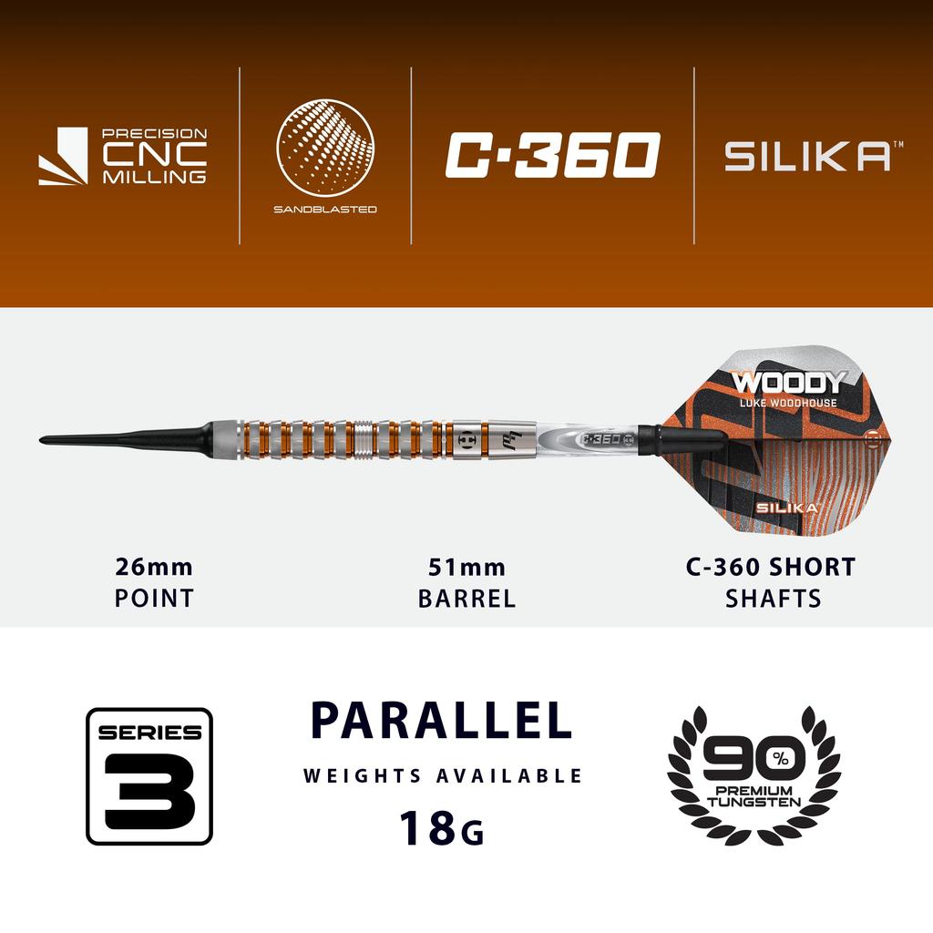 Harrows Luke Woodhouse Woody Series 3 soft tip darts 18g with C-360 shafts and silica flights