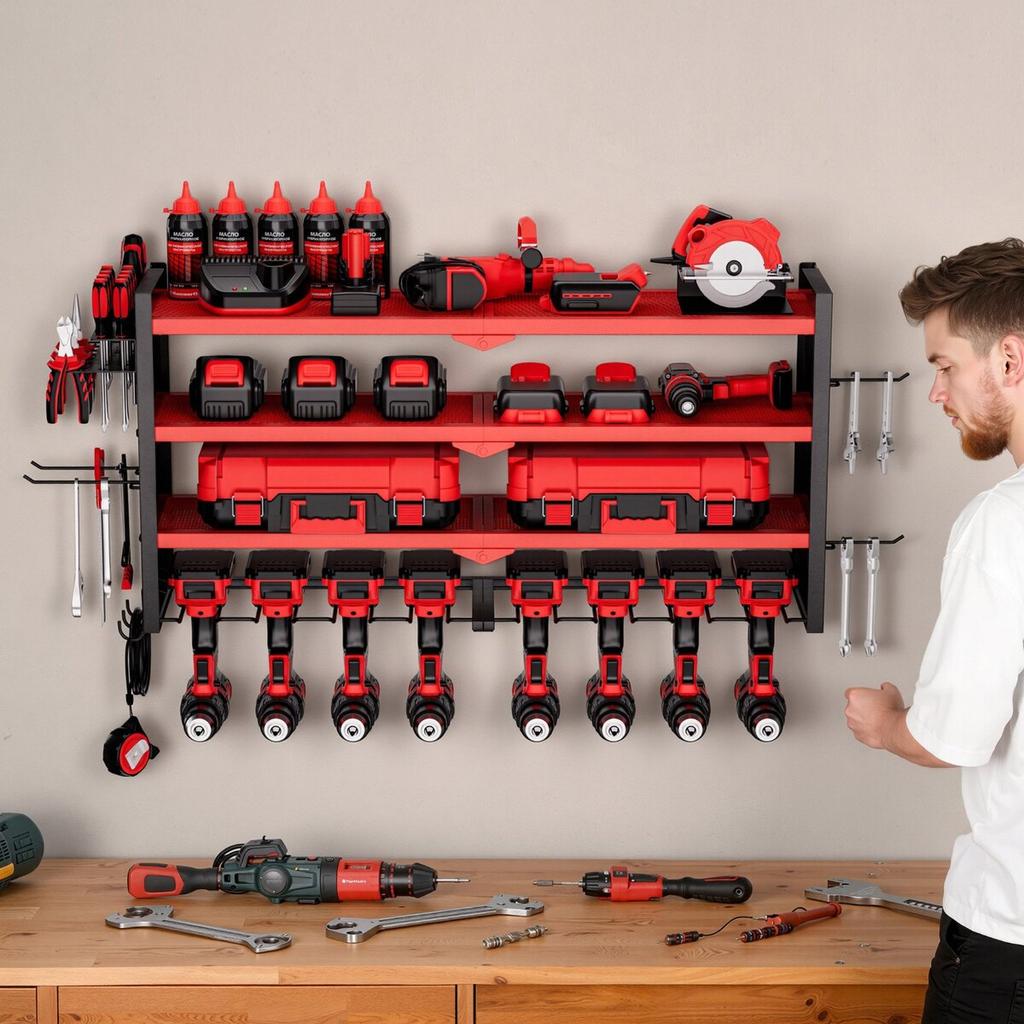 Power Tool Organizer Wall Mount, 4-Layer Storage Rack with 8 Drill Holders, Tools Holder and Storage Rack with Side Pegboards, Garage Tool Organizer