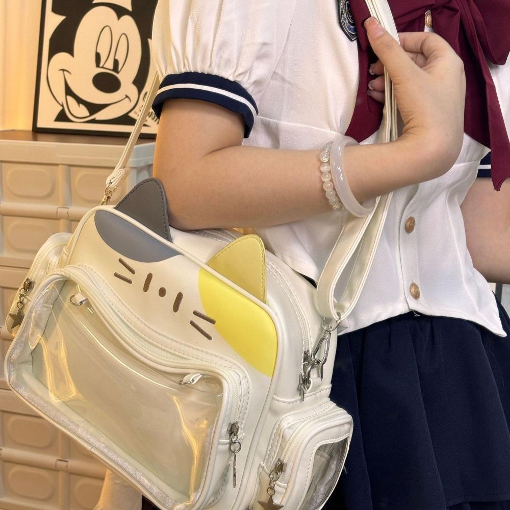 College-Stil Y2K Jk Umhängetasche Harajuku Transparente Tasche Ita Tasche Große Kapazität PU Katzen Rucksäcke Mädchen