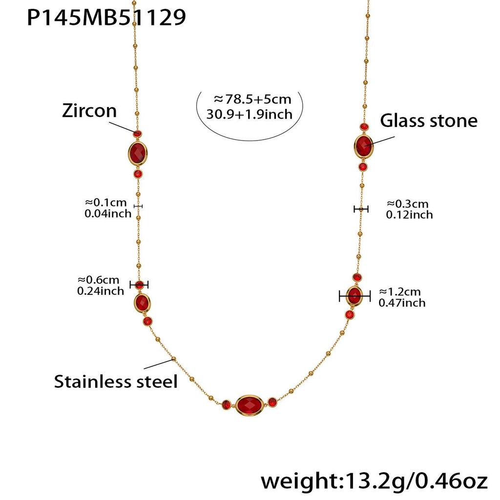 18K Gold-Plated Stainless Steel Jewelry Set: Bead Chain Necklace & Earrings with Oval Bezel Faceted Glass Stone.
