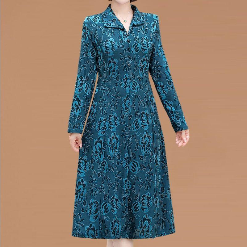 Женское вельветовое платье большого размера с принтом, осеннее свободное платье А-силуэта с V-образным вырезом, длинное вельветовое платье XL синий