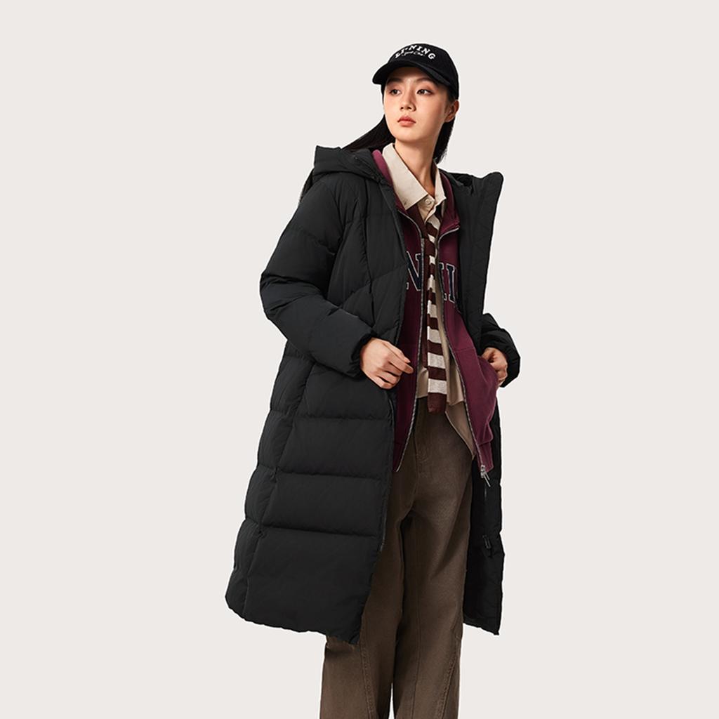 Li Ning Sports Trend Series Solid Color Cold Resistant Warm Outdoor Long Down Jacket Women Outerwear Black AYMU044-3