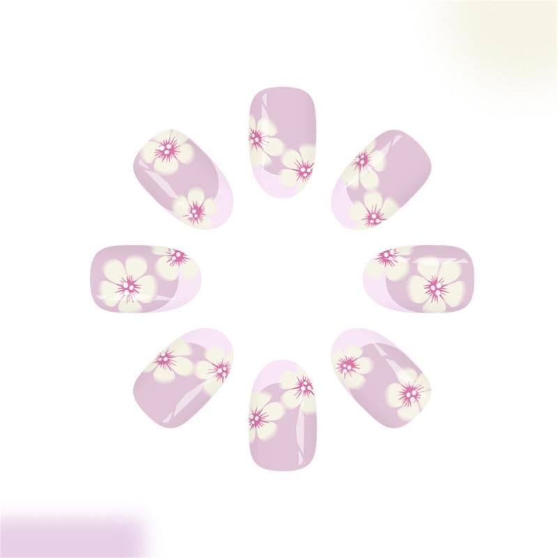 24PCS Floral Pattern Press On Nail In Light Purple French Style Oval Shape Shining For Quick Application Daily Use