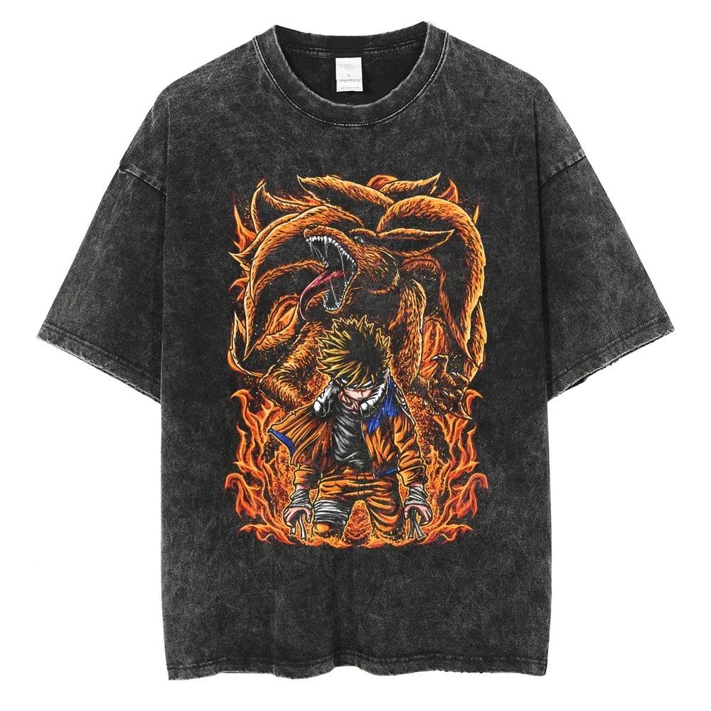 Anime Naruto Print T-Shirt Washed Oversized Tee Summer Short Sleeve Cotton Men Women Streetwear Vintage Black Washed T Shirt Harajuku Tops