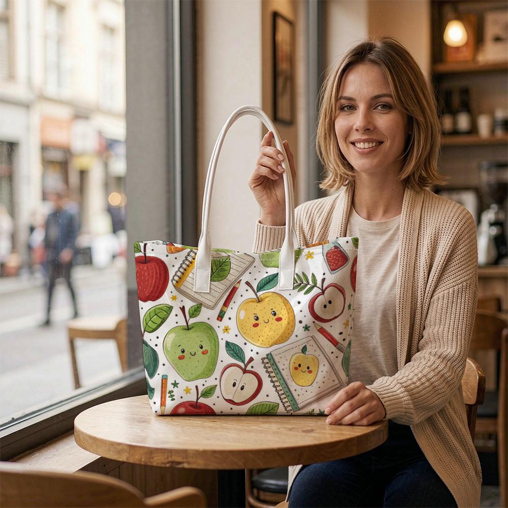 Cute Apple Print Portable Tote Bag Casual Daily Shoulder Handbag for Shopping Work Travel