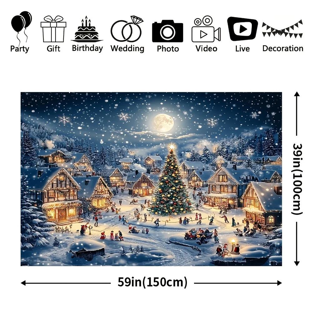 1 piece Christmas background fabric featuring cartoon village and red pine tree design 100% polyester party decorationZL