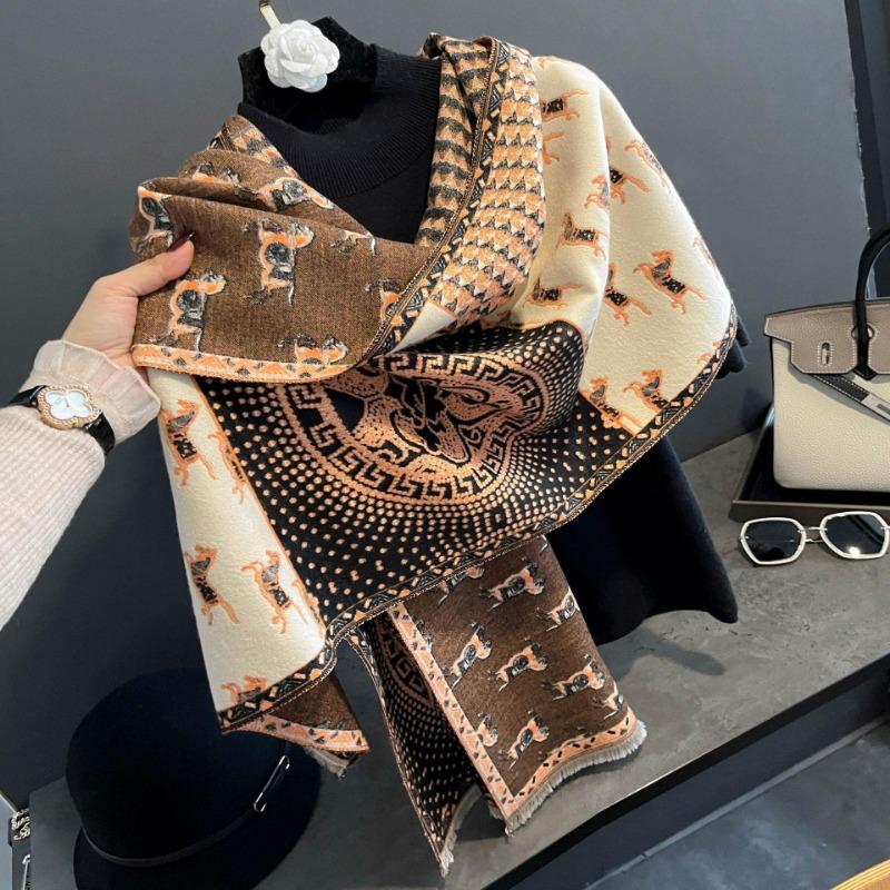 Compass pony pattern imitation cashmere shawl for women, warm big scarf versatile thickened scarf double-sided dual-purpose