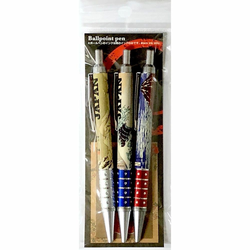 

Ballpoint Pen Set Black Ink Katsushika and Great Wave off Japanese Homestay Gift Ukiyo-e (3 pens) - Hokusai s Red Fuji The Kanagawa - Fun чорний