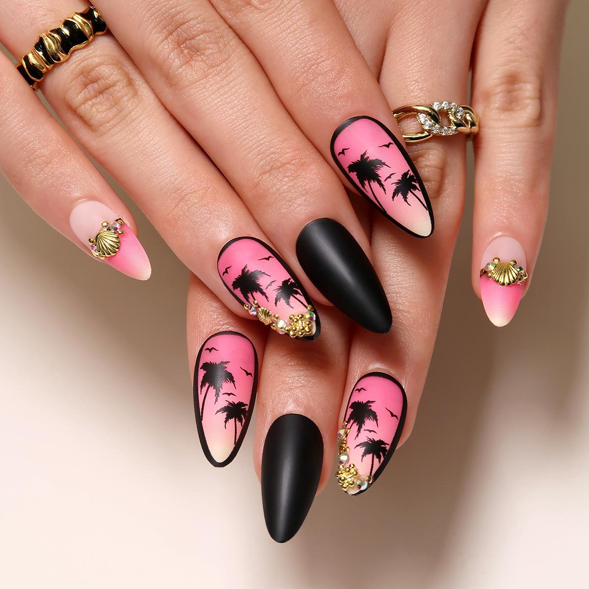 Wearable nail sticker matte pink gradual change black coconut tree seagull gold three-dimensional shell nail art piece finished product