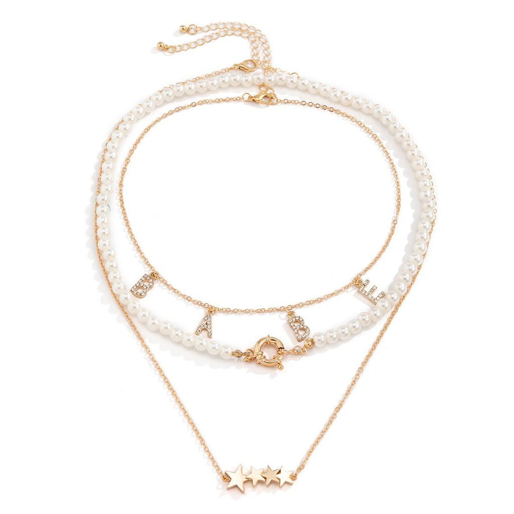 Retro Gestapelte Imitation Perlenkette, Modische Leichter Luxus Diamant Buchstaben Stern Schlüsselbein Halskette